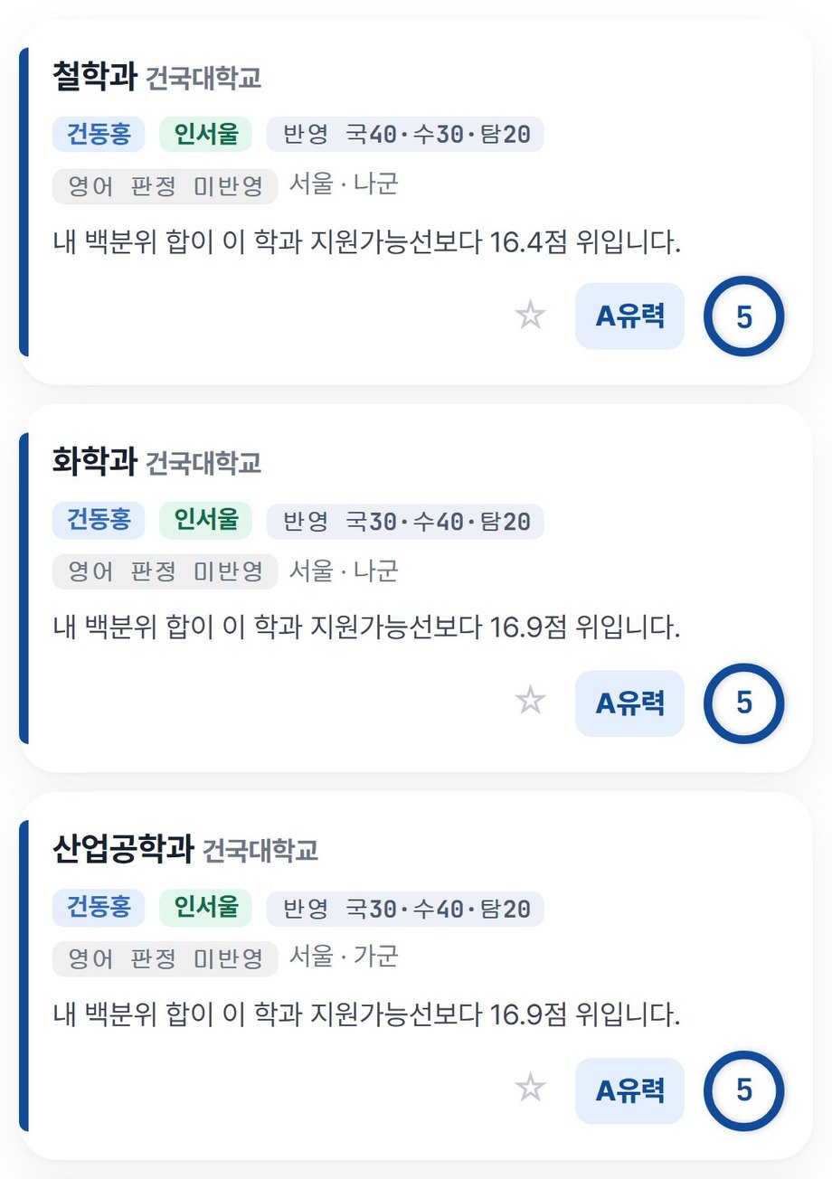 정시 판정 결과 카드 목록 예시