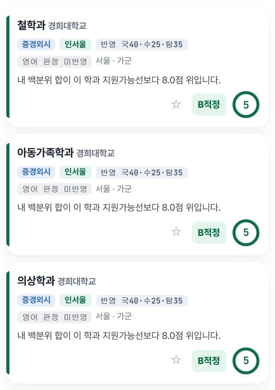 정시 학과 카드 예시 — 대학·학과, 반영비율, 모집군과 A유력·B적정 등 5단계 판정, 같은 단계 안의 1~5 지수